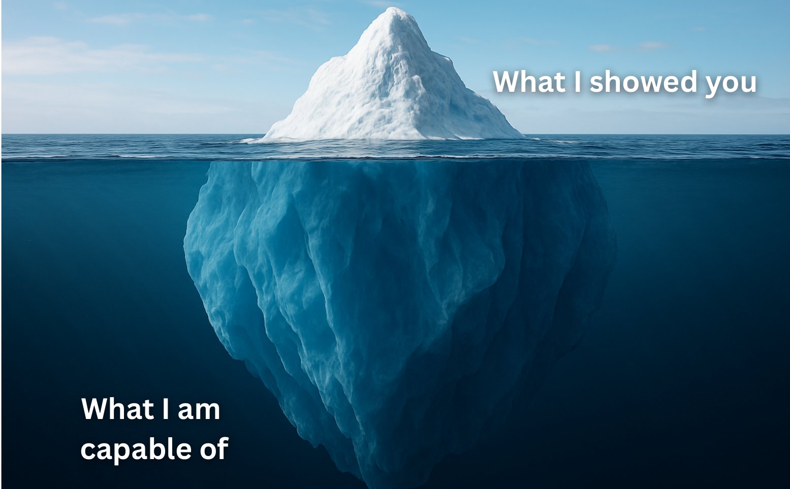 Iceberg diagram, the visible tip labelled what I showed you and the far larger submerged mass labelled what I am capable of